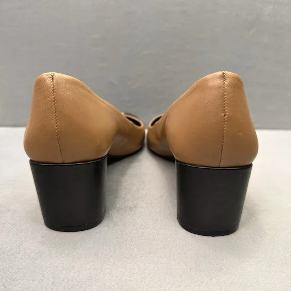 Tory Burch Ethel Two-Tone Tan and Black Leather Block Heel Pumps - Picture 4 of 10